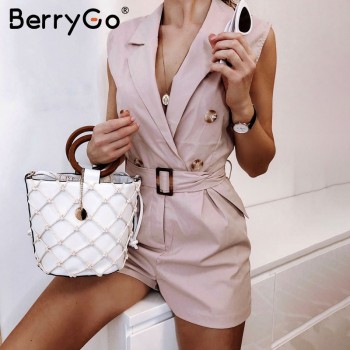 BerryGo women rompers Elegant sashes khaki playsuit Summer womens jumpsuit Office ladies playsuit pockets button zipper rompers